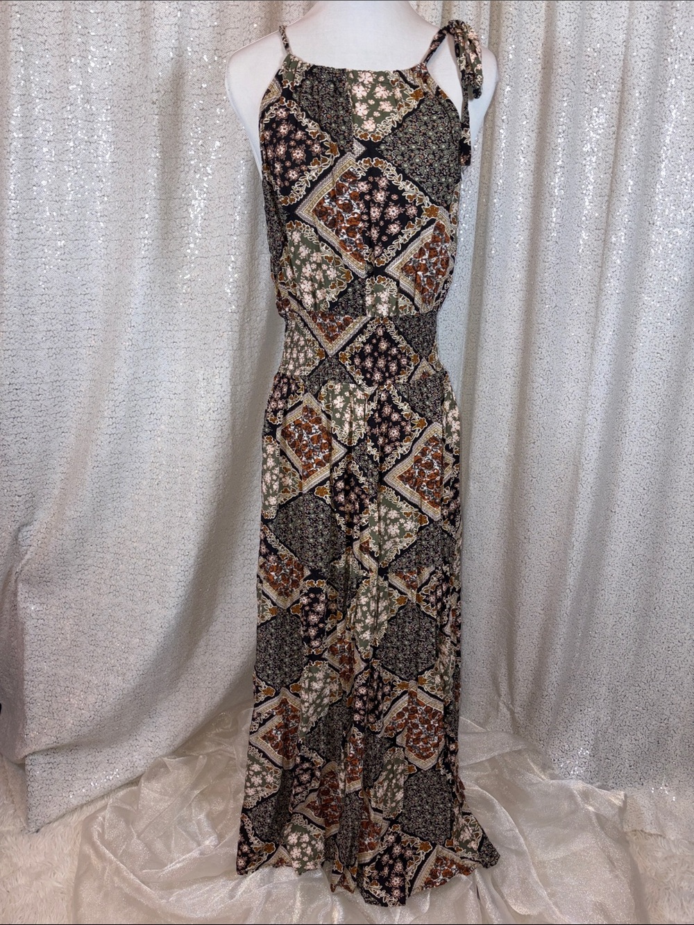 Promesa Black Floral Patchwork Tie-Shoulder Maxi Dress